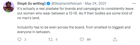 Fat activist Stephanie Yeboa’s tweet criticising body positivity.